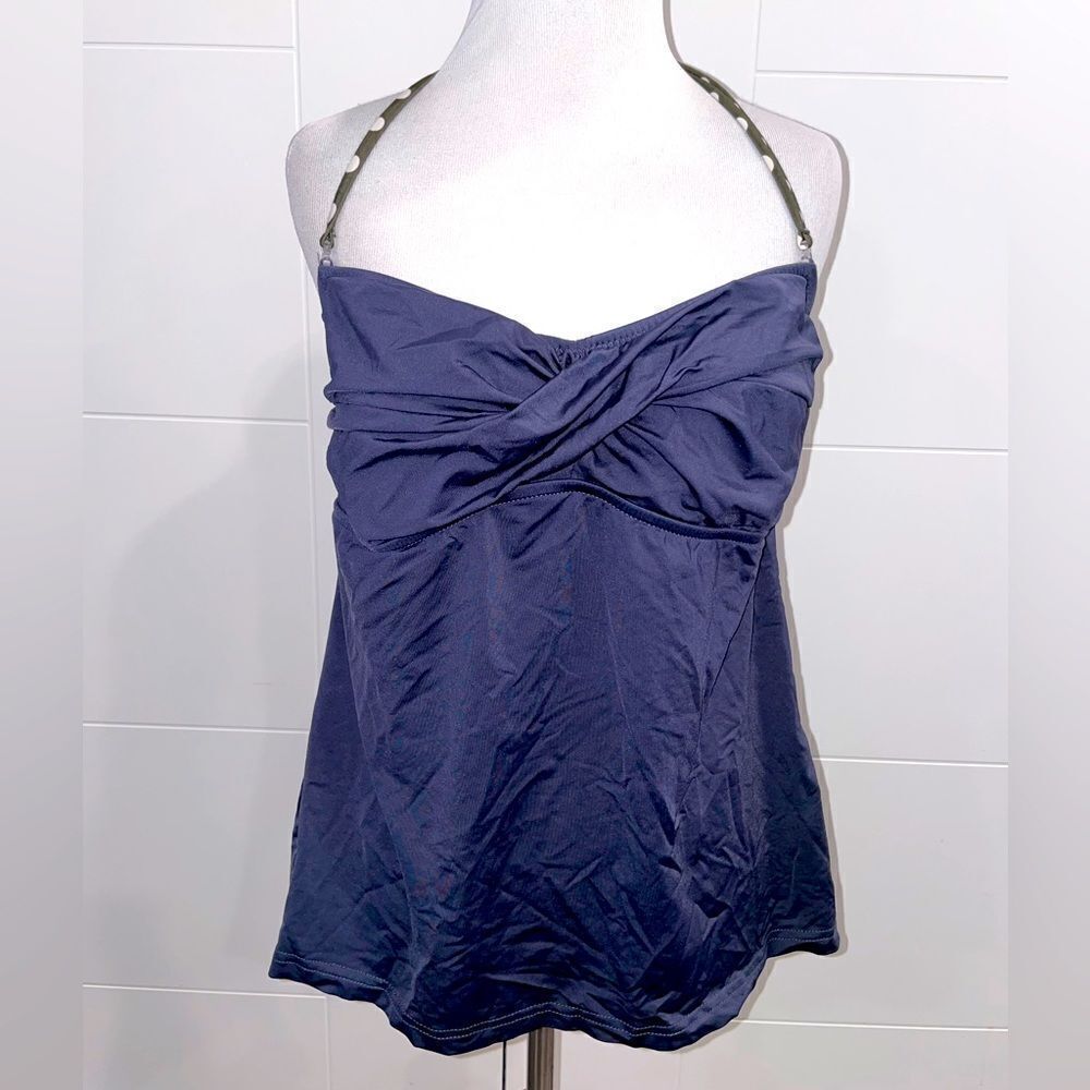 Charcoal gray tankini top. Halter top with olive green and white polka dots